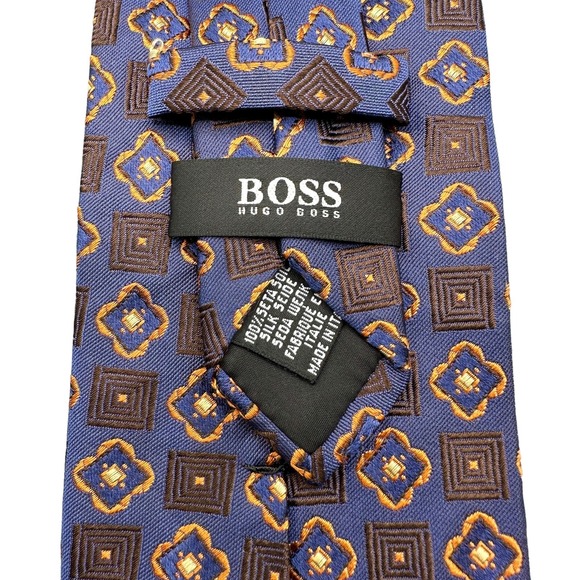 BOSS Hugo Boss Tie Mens Blue Gold Brown Geometric Art Silk‎ Luxury Necktie Italy - Picture 4 of 4